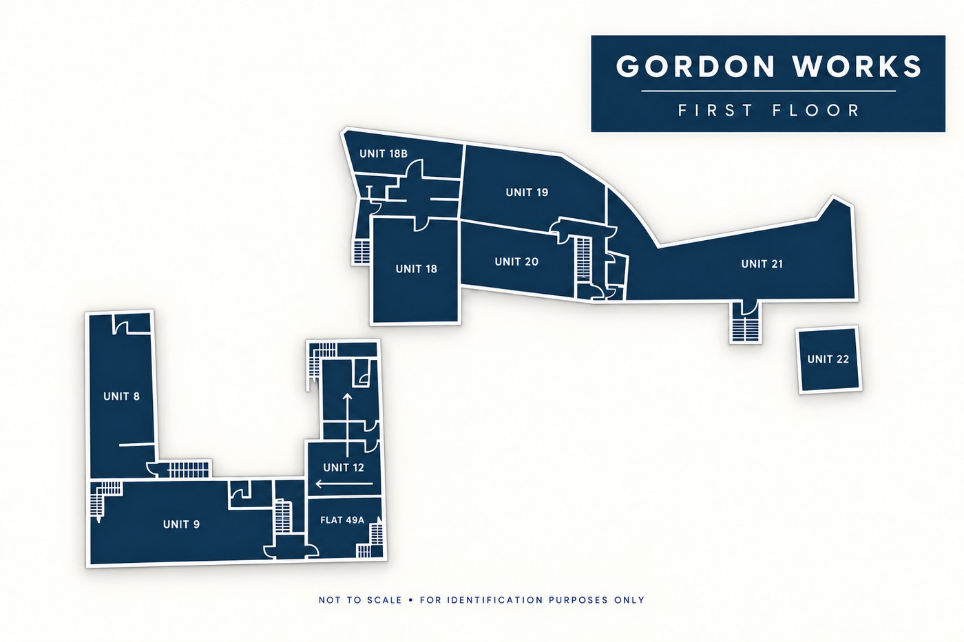 Gordon Works first floor plan showing units 8, 9, 12, 18, 18B, 19, 20, 21 and 22, and Flat 49A.