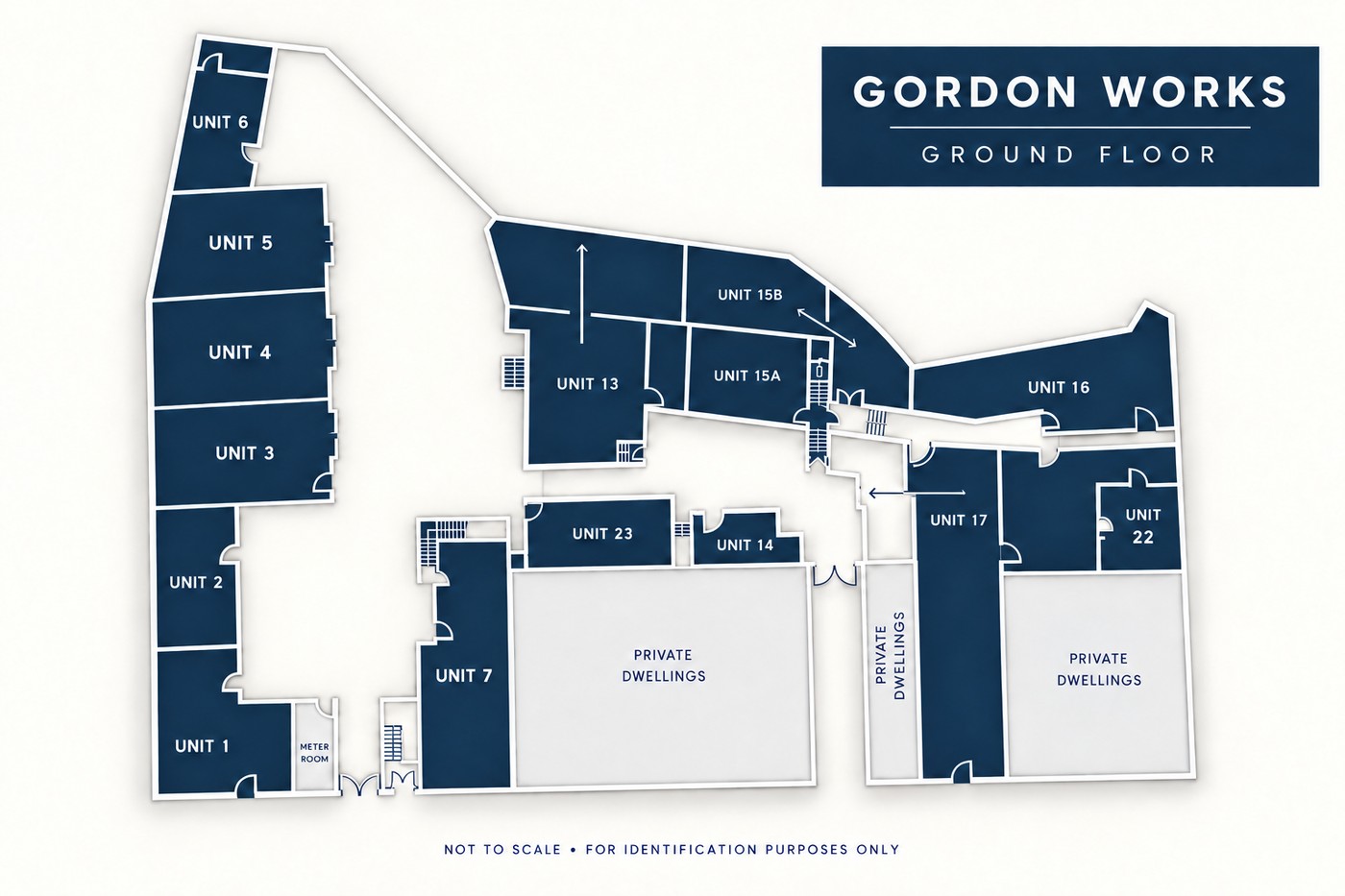 Gordon Works ground floor plan showing units 1 to 7, 13, 14, 15A, 15B, 16, 17, 22 and 23, plus the meter room and private dwellings.